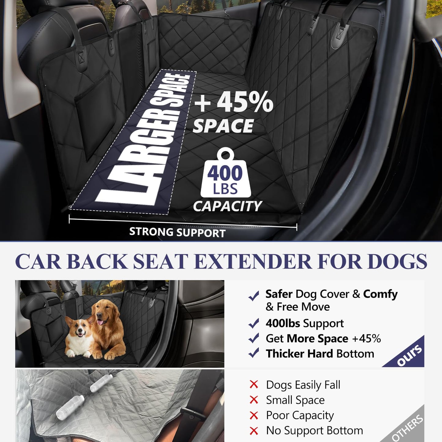 Back Seat Extender for Dogs, Dog Car Seat Cover for Back Seat Supports 400lbs, Hard Bottom Backseat Extender for Dogs, Waterproof Dog Hammock for Car, SUV, Truck Black